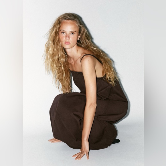 ZARA L Brown 100% cotton voluminous bubble dress with pleats NWT - Picture 4 of 15